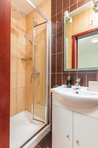 a bathroom with a sink and a shower at Apartment Augusto - Sea view in Pula