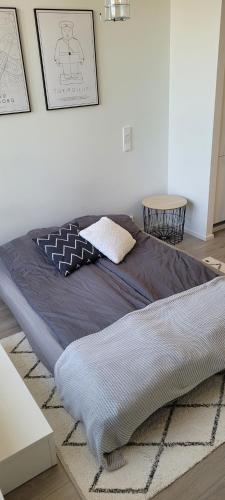 a large bed in a room with a rug at Valjastehdas in Oulu