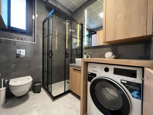 a bathroom with a washing machine and a toilet at KADAGAN SUİTES AYASARANDA in Çeşme
