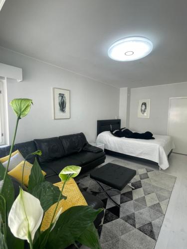 ヘルシンキにあるゴー ハッピー ホーム アパートメンツのリビングルーム(ソファ、ベッド付)