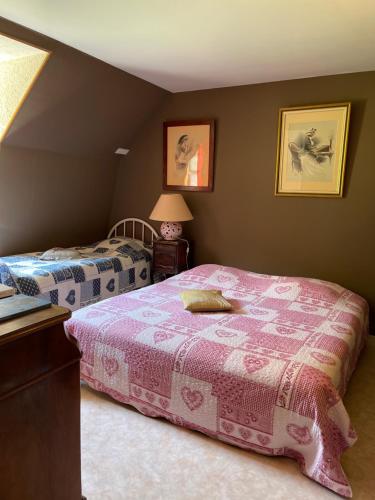 een slaapkamer met 2 bedden met een roze sprei bij Hotel bar b'rock in Saint-Martin-sous-Vigouroux