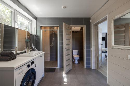 a bathroom with a sink and a toilet in it at NAMELIO NUOMA TELŠIUOSE in Telšiai