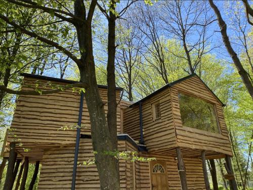 a log cabin in the woods next to a tree at Kerca Bio Farm in Kercaszomor