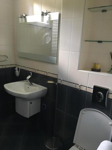 a bathroom with a sink and a toilet and a mirror at Villa Omnia in Varna City
