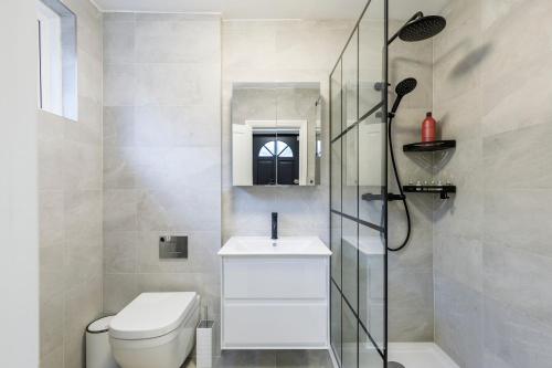 een badkamer met een toilet, een wastafel en een douche bij Spacious 2 bedroom apartment with beautiful garden in Brighton & Hove
