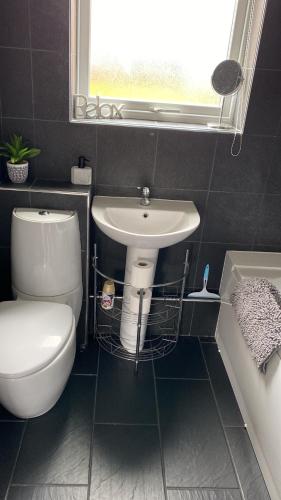 uma casa de banho com um WC, um lavatório e uma janela em Fernly Holiday Home em Corton