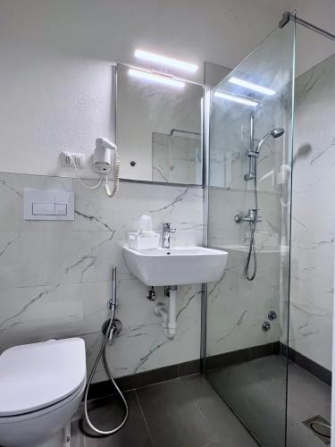 a bathroom with a shower and a sink and a toilet at Hotel Terramare in Lido di Jesolo
