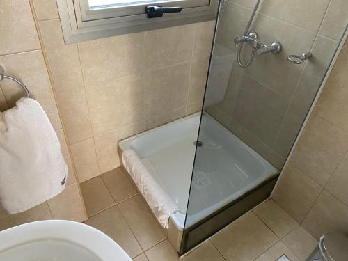 y baño con ducha y puerta de cristal. en Quinta Luna NH en San Carlos de Bariloche