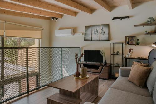 a living room with a couch and a tv at SOUND OF SEA Villas in Lixouri