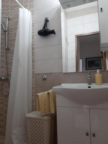 a bathroom with a sink and a shower with a mirror at Apartmani Jozefina in Omišalj