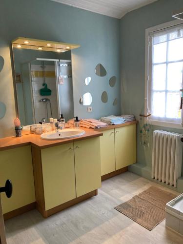 een badkamer met een wastafel en een grote spiegel bij L Entre Deux chambres d hôtes in Belin-Beliet