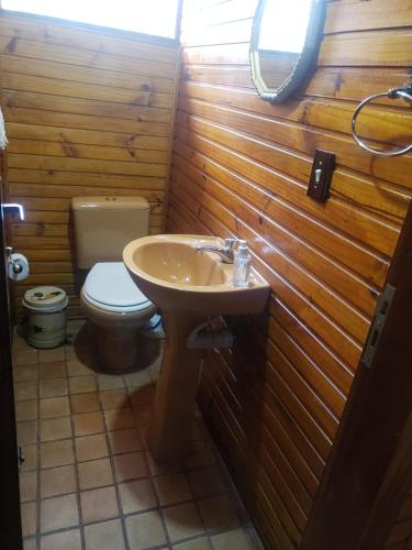 a bathroom with a sink and a toilet at Chalé Sonho da Vovó a 5 minutinhos do Centrinho de Capivari in Campos do Jordão