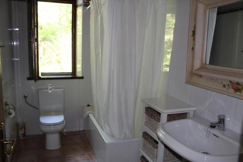 La salle de bains blanche est pourvue de toilettes et d'un lavabo. dans l'établissement Vivienda vacacional La Güera - Casas de los Picos, à San Esteban