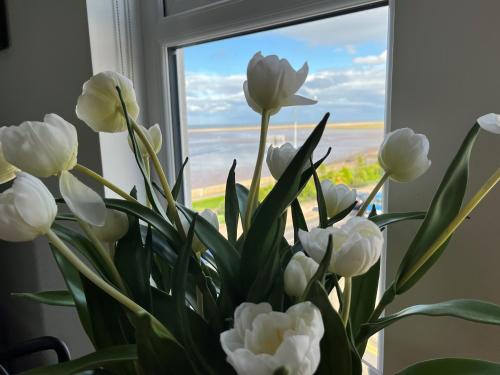 a vase of white flowers in front of a window at Seafront Luxury Apartment in Cleethorpes