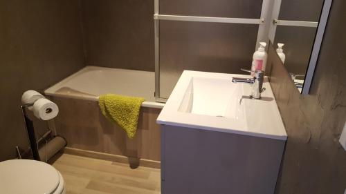 une salle de bain avec un lavabo et une baignoire dans l'établissement Maison chaleureuse toute équipée pour vos vacances, à Saint-Quay-Portrieux