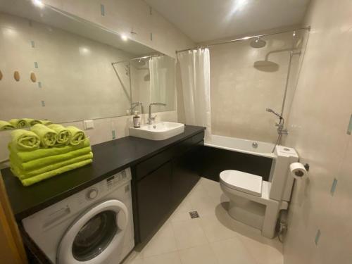 a bathroom with a washing machine and a sink at Kaupmehe Terrace Apartment, free parking in Tallinn