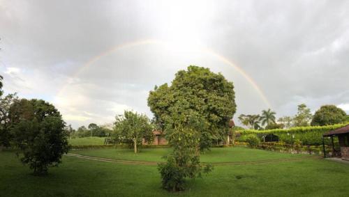 a rainbow in the sky over a yard with trees at Chalet La Estancia - Parque del Café in Montenegro