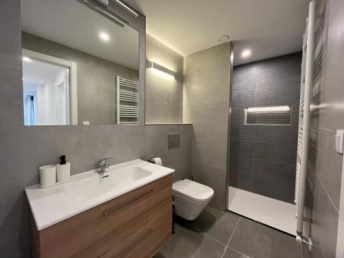 bagno con lavandino, servizi igienici e specchio di Apartamentos Cella a Cella