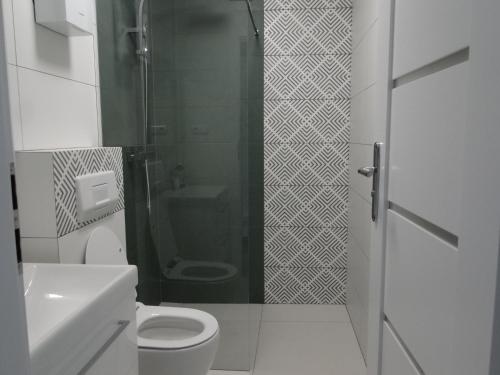 a bathroom with a toilet and a glass shower at Cztery Pory Roku in Gołdap