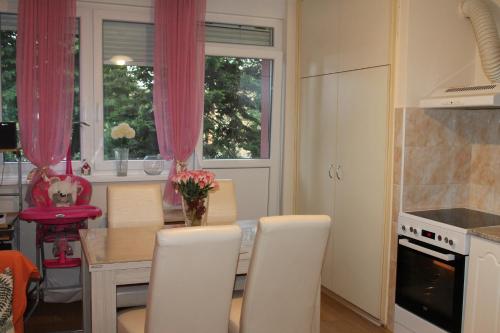 a kitchen with a table and chairs and pink curtains at Emerald Suite in Valjevo