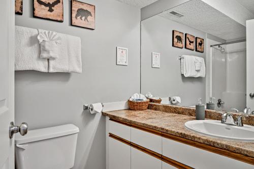 a bathroom with a sink and a toilet and a mirror at The Norquay, Pet-Friendly 2 Bed with Mtn View in Canmore