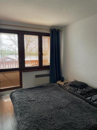Un dormitorio con una cama y una ventana grande. en Sklípek U píchlé galusky, en Strachotín