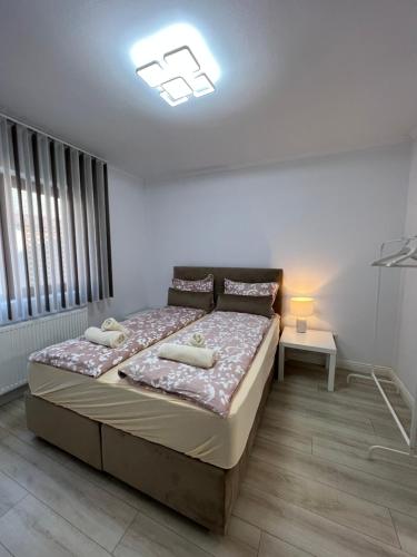 - une chambre avec un lit et une table avec une lampe dans l'établissement Complex Rezidential Ana, à Caransebeş
