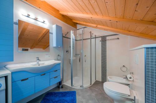 een badkamer met een douche, een toilet en een wastafel bij Appartement Schusterhof in Gries