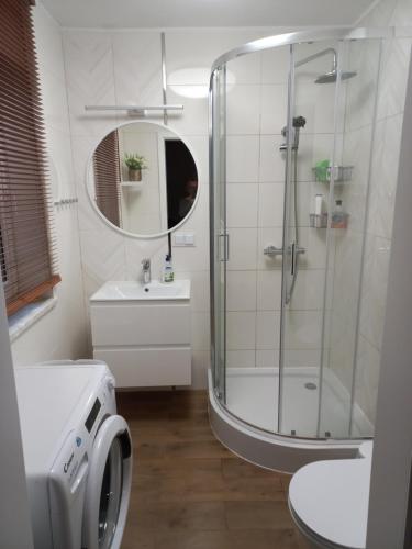 a bathroom with a shower and a toilet and a sink at Fajny Domek w Nartach in Narty