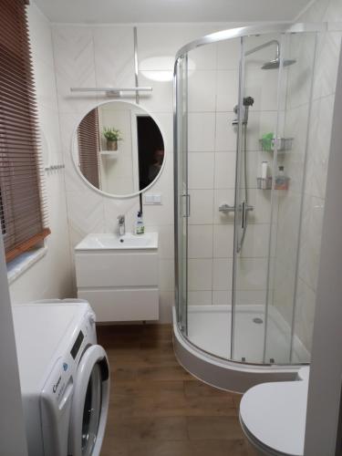 y baño con ducha, aseo y lavamanos. en Fajny Domek w Nartach, en Narty