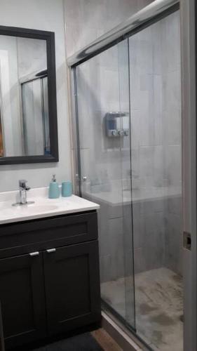 a bathroom with a shower and a sink and a mirror at Las Casitas on Magnolia Beach - Casita B in Port Lavaca