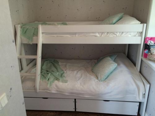 two bunk beds in a small room at Cozy house in Järvsö with a stunning view in Ljusdal