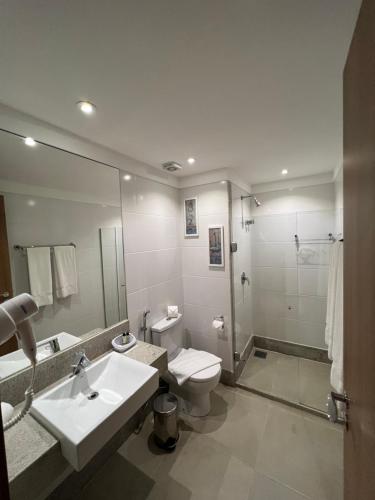 ein Badezimmer mit einem Waschbecken, einem WC und einem Spiegel in der Unterkunft Apart Pedra Azul in Pedra Azul