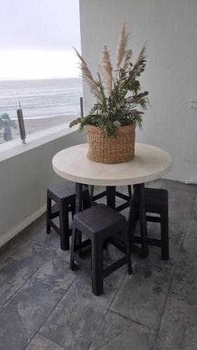 a table with a potted plant on it next to a window at Jardin Del Mar, Av del Mar in Coquimbo