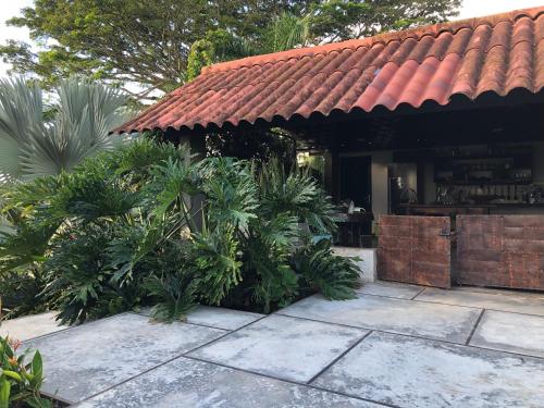 a house with a red roof and some plants at Finca Hotel Brasilia in La Tebaida