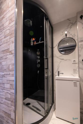 une salle de bain avec douche et lavabo dans l'établissement Naturel : Studio calme et agréable, à Les Bordes