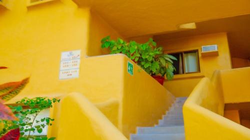 a yellow building with stairs and a window and plants at Los Tules Ocean Front Condo ,With Amazing Ocean View by Kivoya in Puerto Vallarta