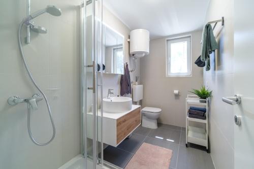 Un baño con ducha, lavabo e inodoro. en Villa Gaj, en Milna