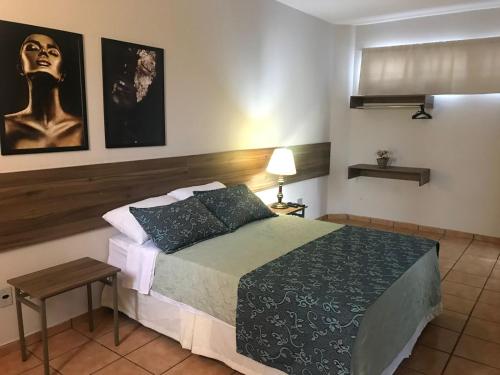 a bedroom with a bed and a painting on the wall at Hotel Alfa de Bauru Ltda in Bauru