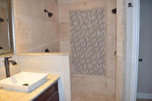 a bathroom with a sink and a shower at Lake front Studio in Little Elm