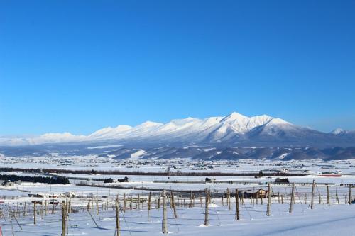 a snowy field with snow covered mountains in the background at ふらの田園コテージヌプリ in Nakafurano