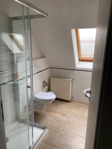 a bathroom with a toilet and a glass shower at Bett & Bike Hansehof in Salzwedel