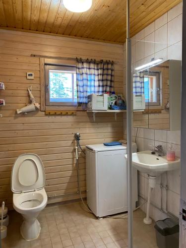 a bathroom with a white toilet and a sink at Arctic-maja A in Kittilä