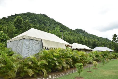 a large tent in a field of palm trees at Eco Adventure Resorts Khhairabera in Bāghmundi