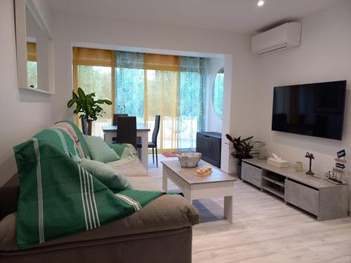 a living room with a couch and a tv at A1 LA PLAGE D'OR in Le Lavandou