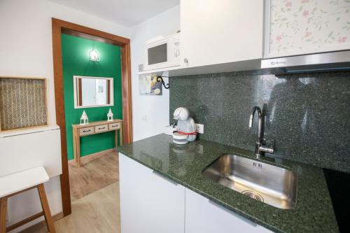 a kitchen with a sink and a green wall at Casa Emblemática Salgado in Santa Cruz de la Palma