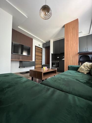 a bedroom with a green bed and a kitchen at Duspara lux apartment Jahorina in Jahorina