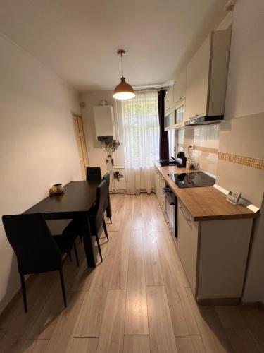 a kitchen and dining room with a table and chairs and a table and a kitchen at Star Apartments in Baia Mare
