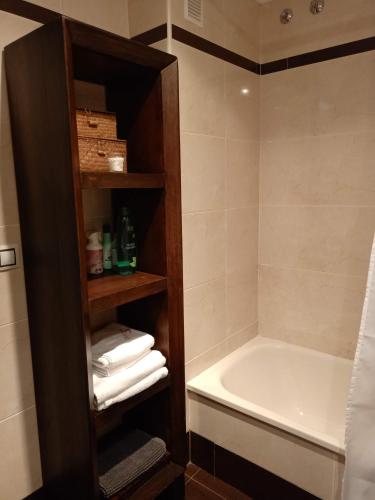 a bathroom with a shower and a bath tub next to a sink at Babilonia, apartamento en Llanes tranquilo y céntrico a 150m de la playa del Sablón in Llanes