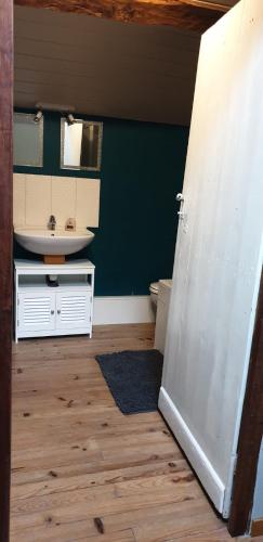 a bathroom with a sink and a white door at Les Gîtes du Hameau avec piscine in Castelnau-sur-Gupie